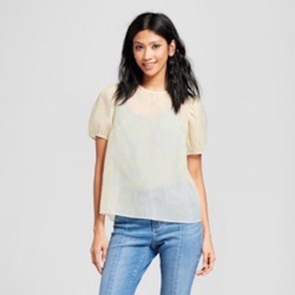 Mossimo Sheer Short Sleeve Blouse Yellow Gray XXL
